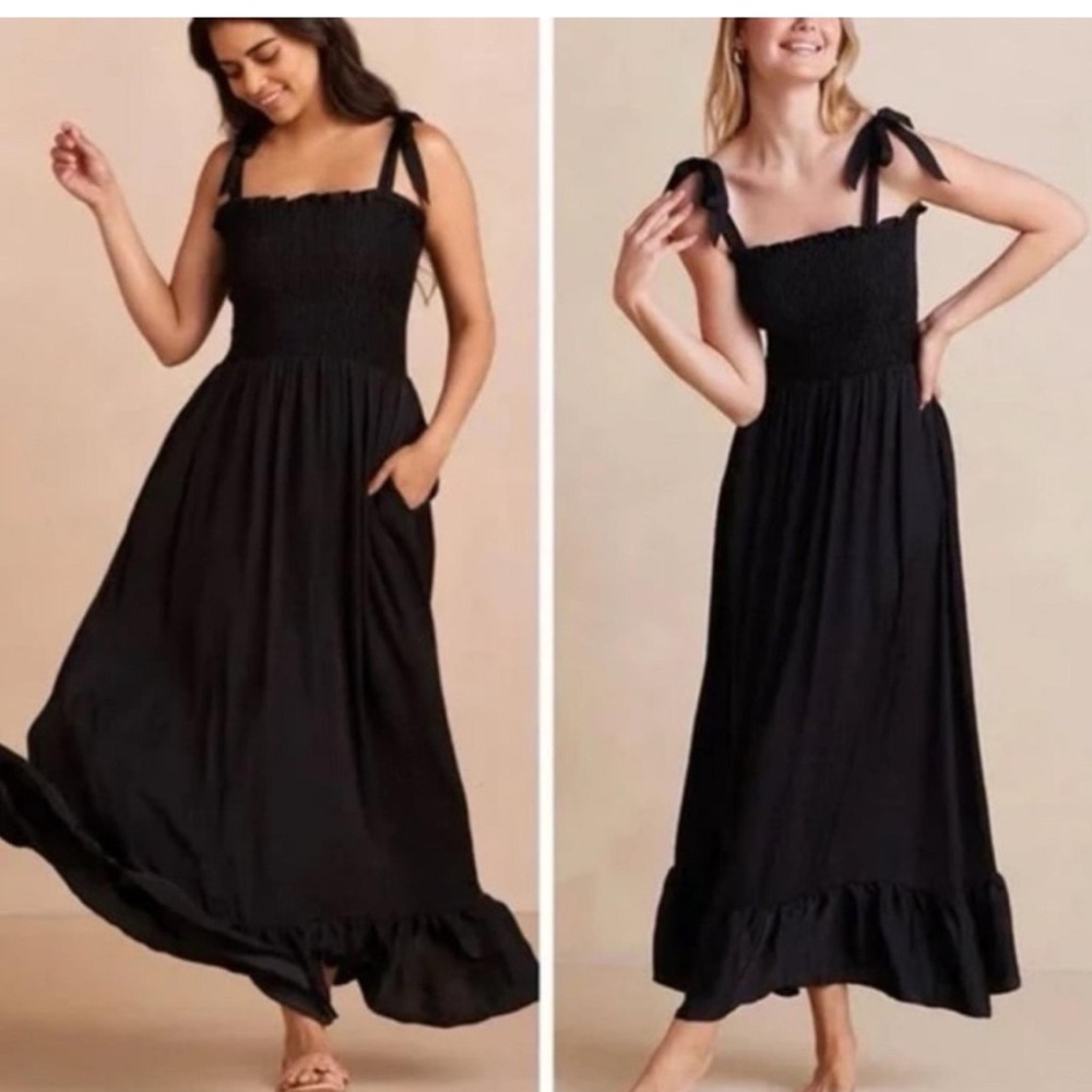 Summersalt Silky Luxe Black Maxi Smocked Dress with Tie Straps Size Small